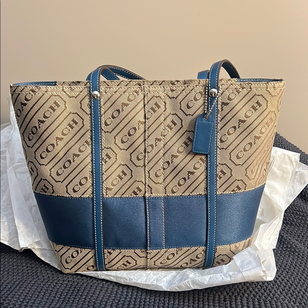 Coach Blue and Tan Geometric Tote Bag set - Picture 3 of 8
